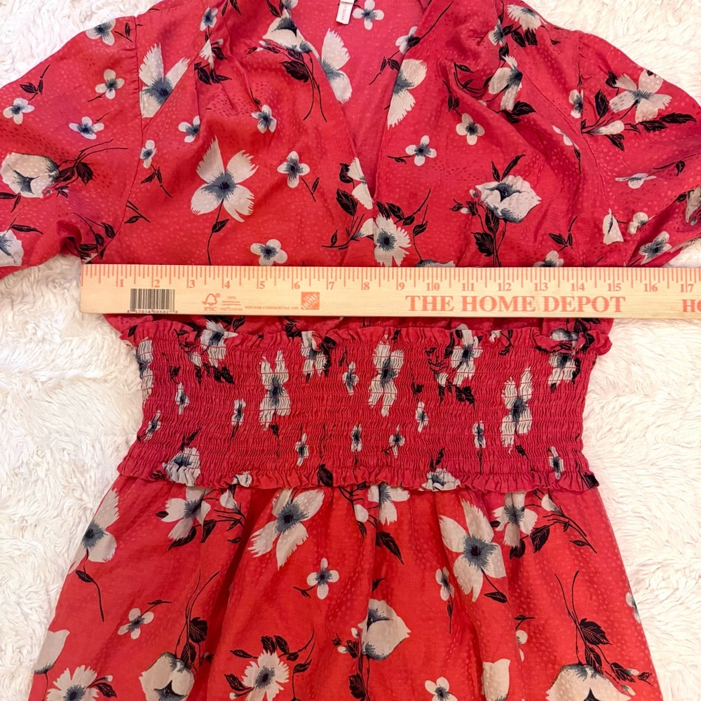 Rebecca Taylor size 2 Daniella Red Floral Silk Blend Dress smocked v neck - Picture 4 of 8
